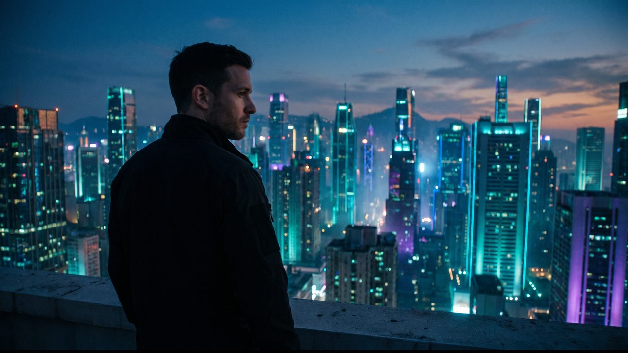 AI movie scene: the film's hero on a rooftop at dusk, looking out over a neon-lit city skyline