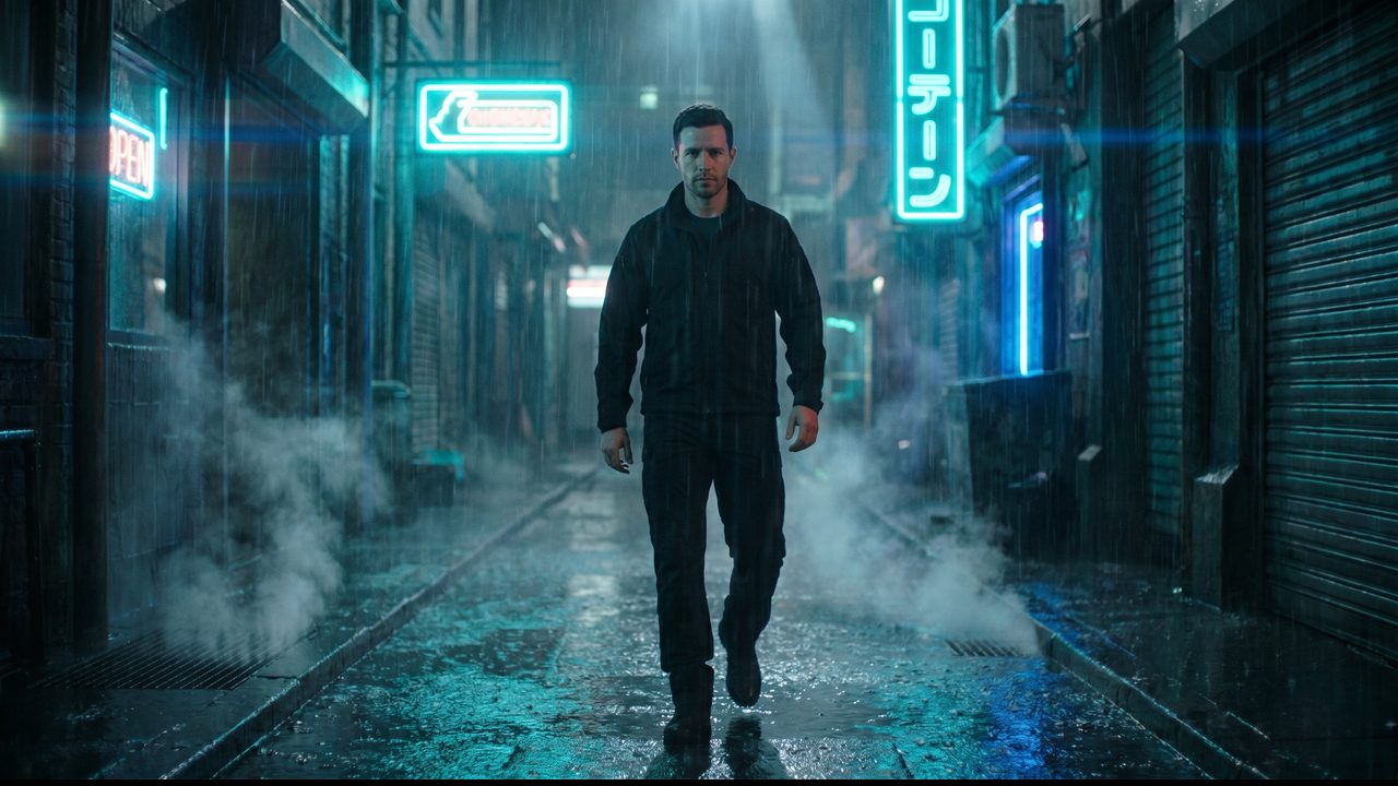 The same hero walking down a rain-soaked alley lit by neon signs