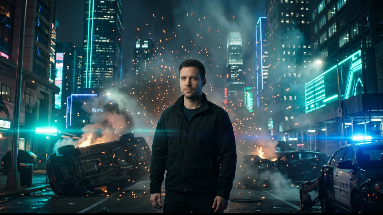 The same character built from the same photos, now an action hero walking through sparks and wrecked cars on a night street