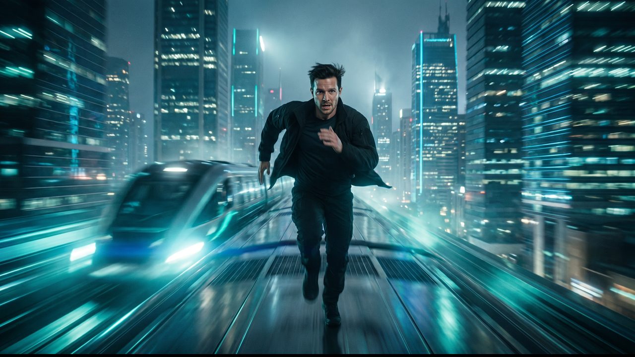The same hero sprinting along the roof of a speeding train between skyscrapers