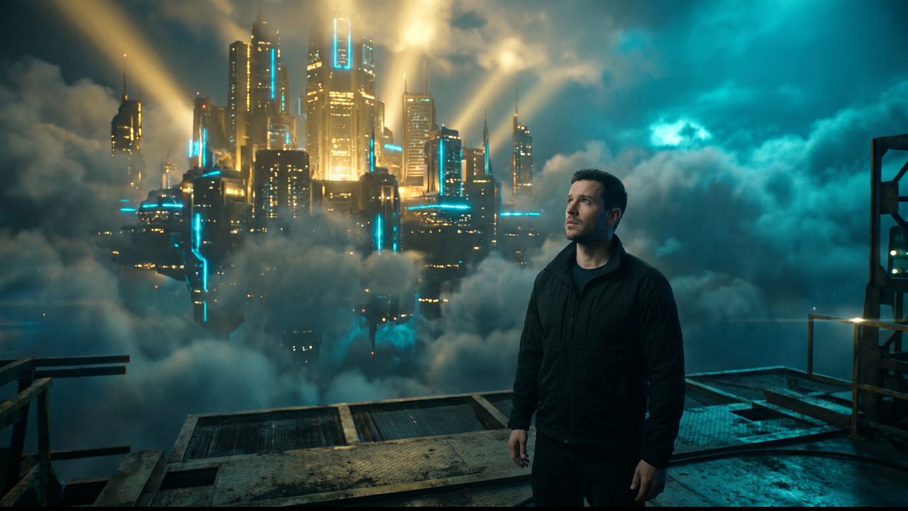 The same hero gazing up at a golden city floating in the clouds