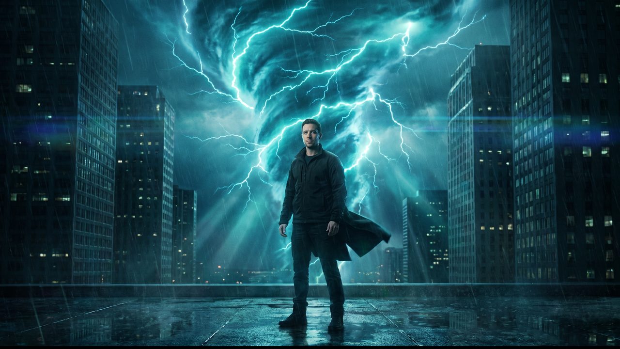 The same face again in the finale: the hero standing before a lightning storm between dark towers